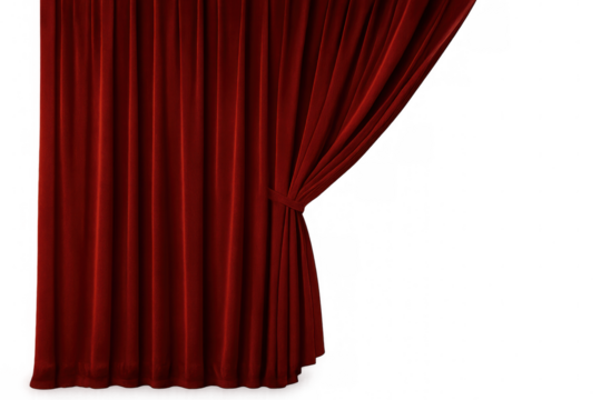 Elegant red velvet curtain tied up on a transparent background, perfect for presentations or theater-related projects