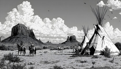 Native american western scene background. Can be used for graphic design. Wild west. Black and white. Graphic Art Vector