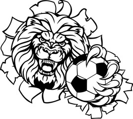 A lion angry animal sports mascot holding a soccer football ball and breaking through the background with its claws