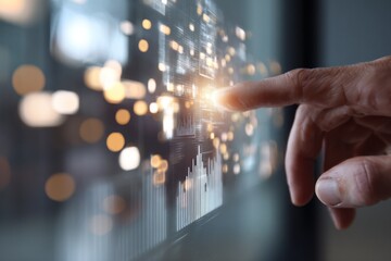 Hand Touching Futuristic Data Interface with Visual Graphs
