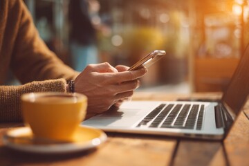 Remote Work Setup with Smartphone and Coffee at Outdoor Table