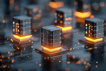 Futuristic Server Towers with Glowing Orange Lights on Circuit P