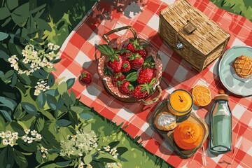 Summer Picnic with Strawberry Basket, Mini Pie, and Citrus Treat