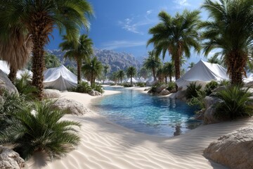 Serene desert oasis with palm trees and tranquil water under clear blue sky