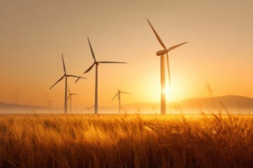 Wind Turbines in Wheat Field at Sunset with Sustainable Energy A