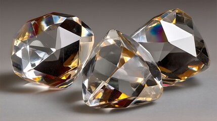 Fototapeta premium three faceted, clear gems rest on a gray surface, casting subtle shadows