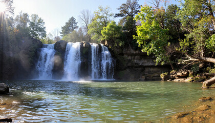 Naklejka premium Serene waterfall cascading into clear pool surrounded by lush greenery 
