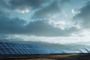 Solar Panel Field with Mountain Backdrop and Golden Sunset Sky
