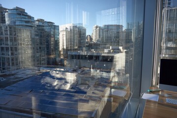 Urban Office Workspace with Solar Panels and Futuristic City Vie