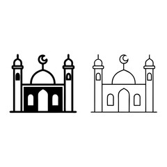 Two mosque illustrations one in solid black and one in outline on a white background