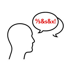 Outline of a head with a speech bubble containing symbols and the letter x in red color