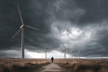 Person Walking through Wind Turbine Field under Dramatic Sky