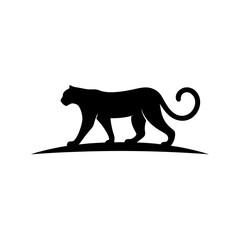 A black silhouette of a panther walking across a small hill on a white background