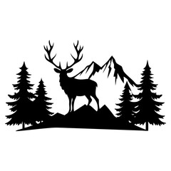 Silhouette of a deer with antlers standing in front of mountains and pine trees