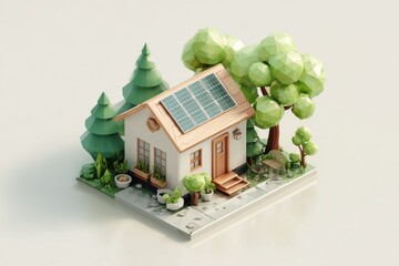Tiny Eco House with Solar Panels and Forested Garden Landscape