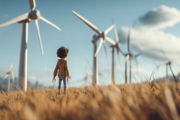 Person Standing in Golden Field with Wind Turbines and Expansive
