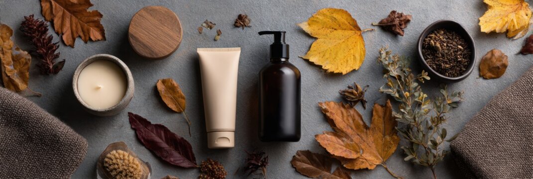 Autumn Body Care Collection on a Tabletop With Falling Leaves Creating a Serene and Cozy Atmosphere for Self-Care Moments