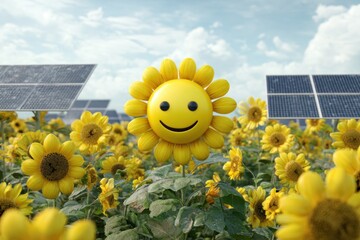 Cute Sunflower Character in a Field with Solar Panels