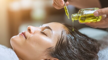Asian woman applying herbal oil to scalp with dropper while relaxing in spa chair, symbolizing natural hair treatment and holistic wellness ritual