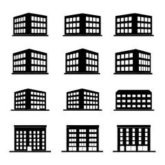 Fototapeta premium A collection of twelve black and white building icons in a grid arrangement