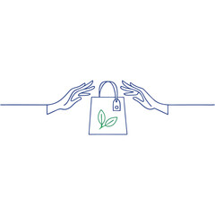 A minimalist illustration of hands reaching for a shopping bag with leaf design on it