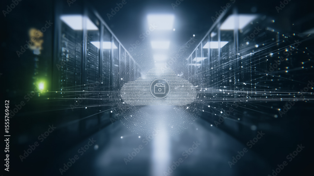 Poster cloud server center: a sleek, modern server room illuminated with a celestial glow, showcases cloud 