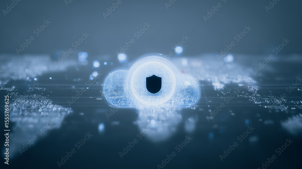 Aufkleber digital fortress: a digital cloud with a shield symbol illuminates against a global data network. sy
