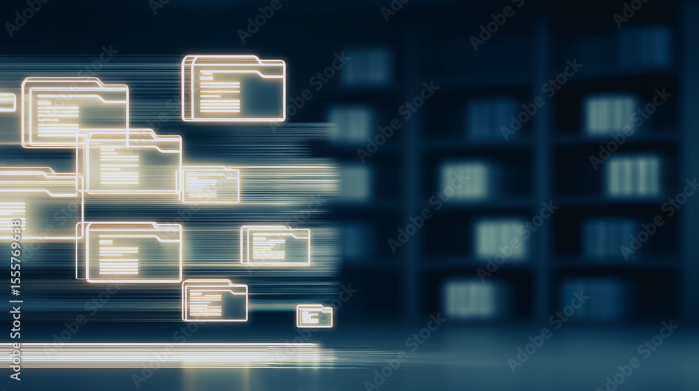 Poster digital files in motion: abstract digital illustration showcases a stream of glowing file icons, rep