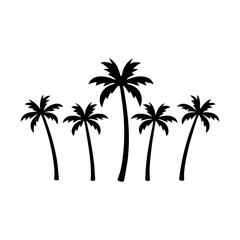 A simple black and white illustration of five palm trees of varying heights on white background