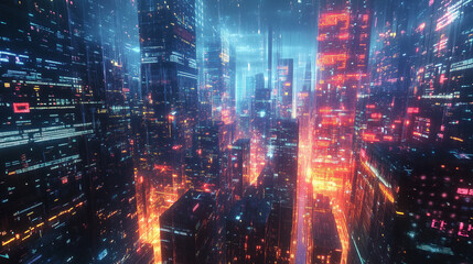 Futuristic cityscape glows with vibrant neon lights and digital designs, creating a captivating and dynamic urban vista.