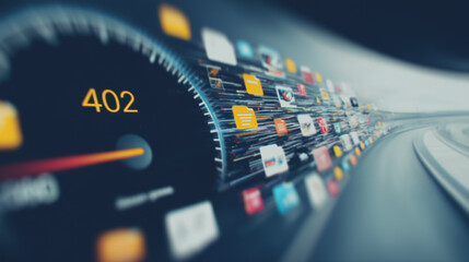 Data Acceleration: A dynamic visual metaphor of high-speed data transfer, depicting a speedometer with the number 402 set against a blur of digital files.