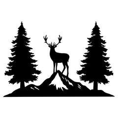Obraz premium Silhouette of a deer standing on a mountain peak between two pine trees in black and white