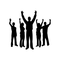 Silhouette of a group of people with their hands raised in the air on a white background