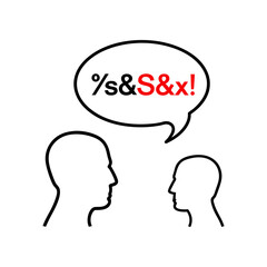 Two head outlines facing each other with a speech bubble containing symbols and red letters