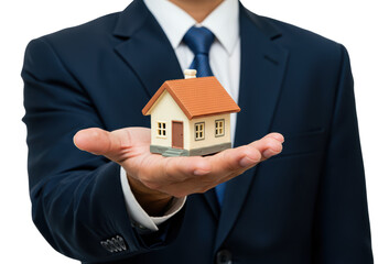 Isolated Businessman Holding a Miniature House in His Palm