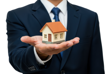 Isolated Businessman Holding a Miniature House in His Palm