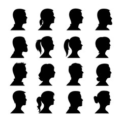 A grid of sixteen black silhouette profiles of diverse individuals facing to the left side