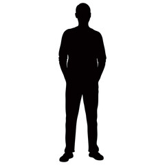 Silhouette of a man standing with hands in pockets against a plain white background