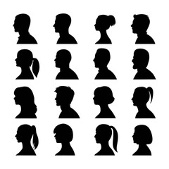 A grid of sixteen black silhouette profiles of diverse people facing to the left side view
