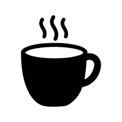 A simple black and white illustration of a steaming cup of coffee or tea on a white background