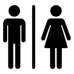 A black and white illustration of male and female restroom symbols with a divider line