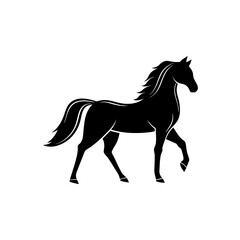 Silhouette of a black horse with a flowing mane and tail on a white background image art