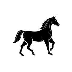 Silhouette illustration of a black horse with a flowing mane on a white background