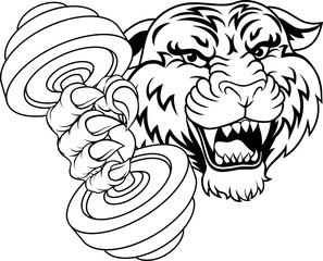 A tiger weight lifting gym animal sports mascot holding a dumbbell weight in his claw