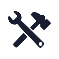 Illustration of a crossed wrench and hammer in dark blue on a white background design