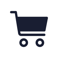 A simple dark blue shopping cart icon is isolated on white background