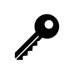 A simple black key icon, isolated on white background, represents access and security