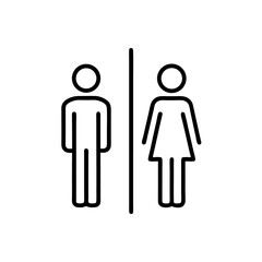 Simple black line icons of male and female figures representing a restroom isolated on white background