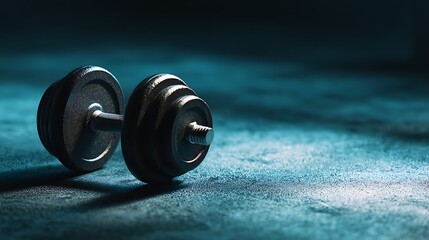 Black dumbbell on blue surface with soft lighting creating calm fitness atmosphere for strength training and exercise .