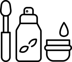 Cosmetic bottle, lip gloss applicator, and cream jar with leaf symbol, representing natural skincare and beauty products, outlined in simple, modern style